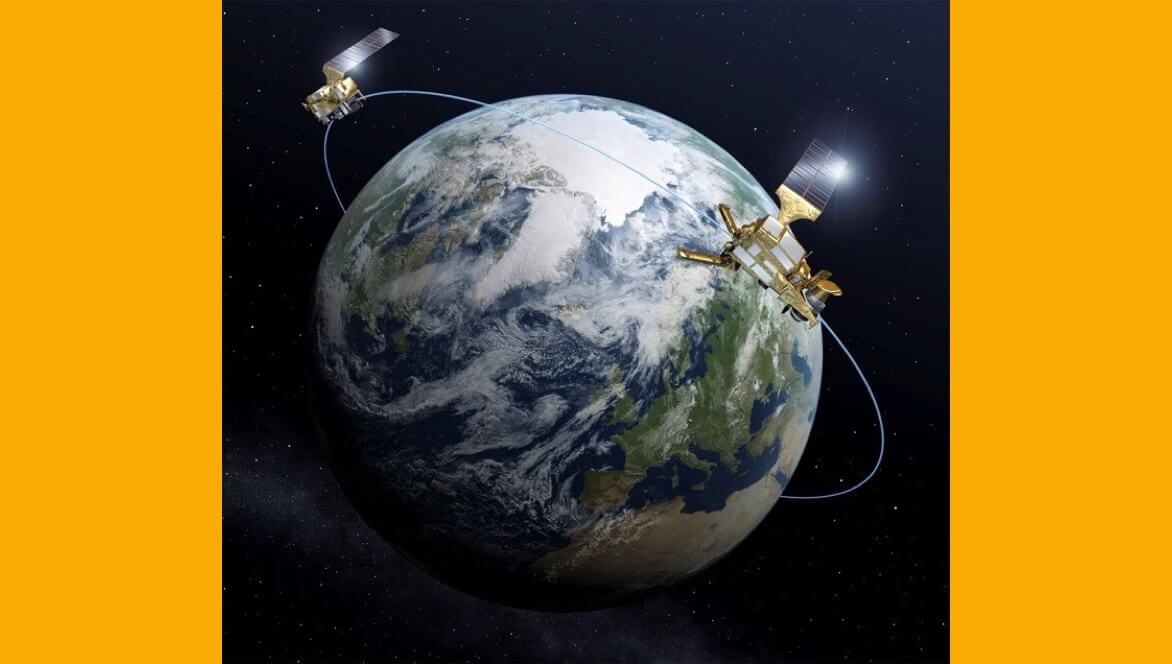 Die Grafik zeigt MetOp-SG Satelliten der A- und B-Serien, wie die die Erde umkreisen.
