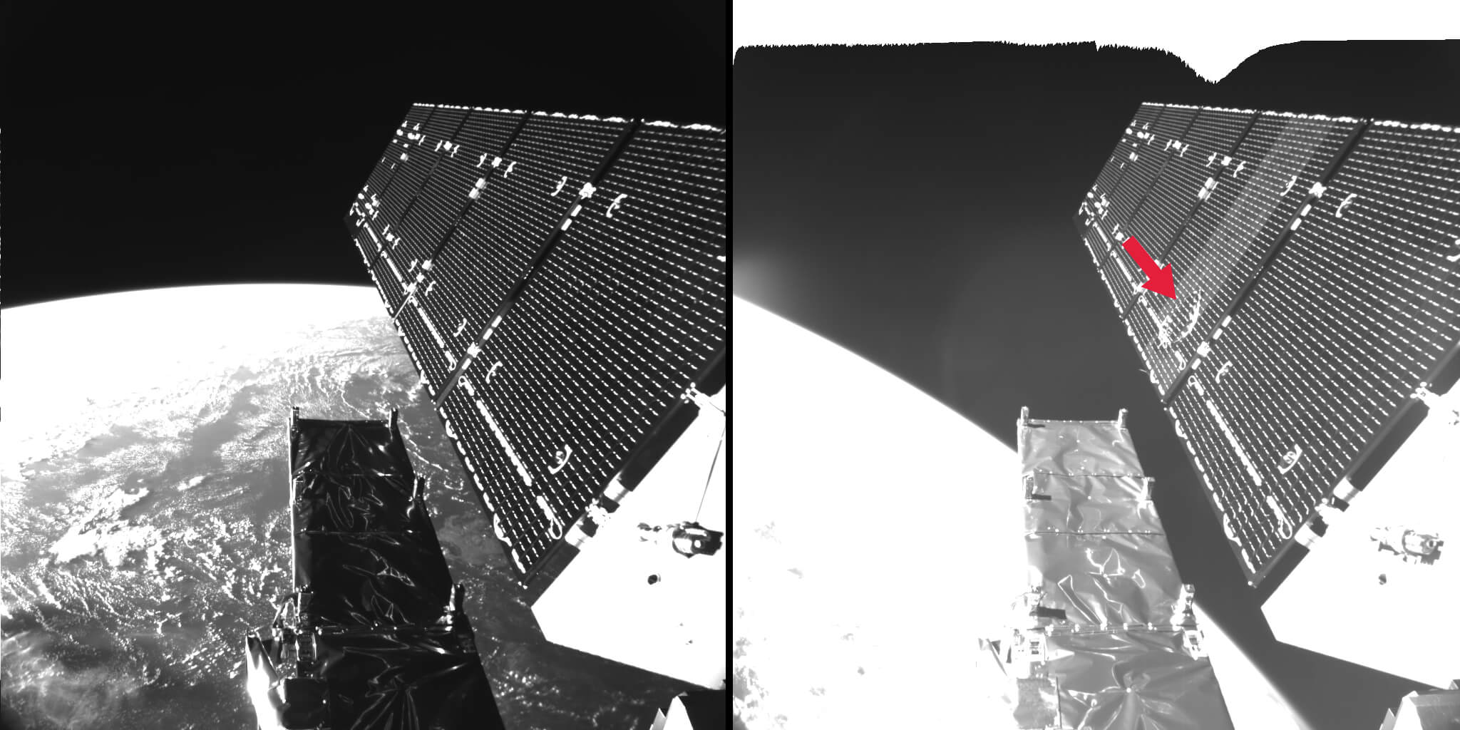 Der Solarflügel des Copernicus-Satelliten Sentinel-1A vor und nach dem Aufschlag eines etwa fünf millimetergroßen Space Debris-Teilchens