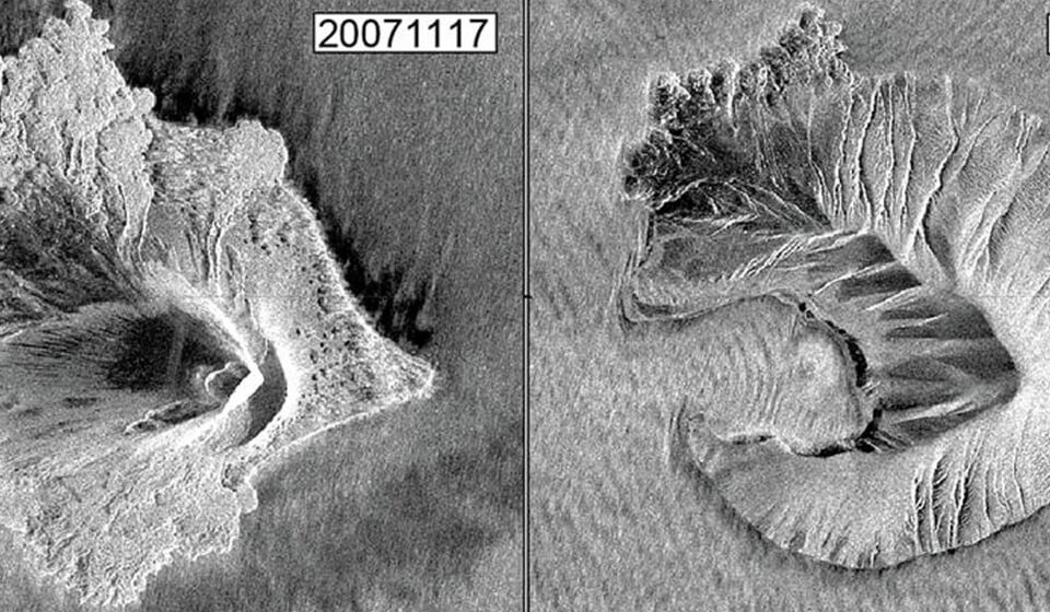 Vorher-Nachher Radarbilder zeigen die Veränderungen des Krakatau-Vulkans in Indonesien nach dem Tsunami 2018.