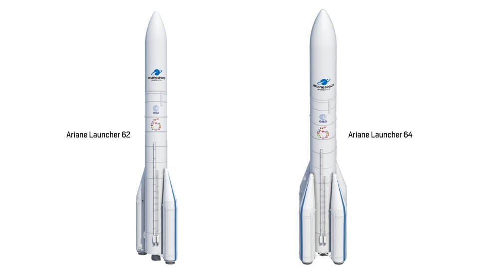 Grafische Darstellung der Ariane 6 in beiden Versionen: Ariane 62 und Ariane 64